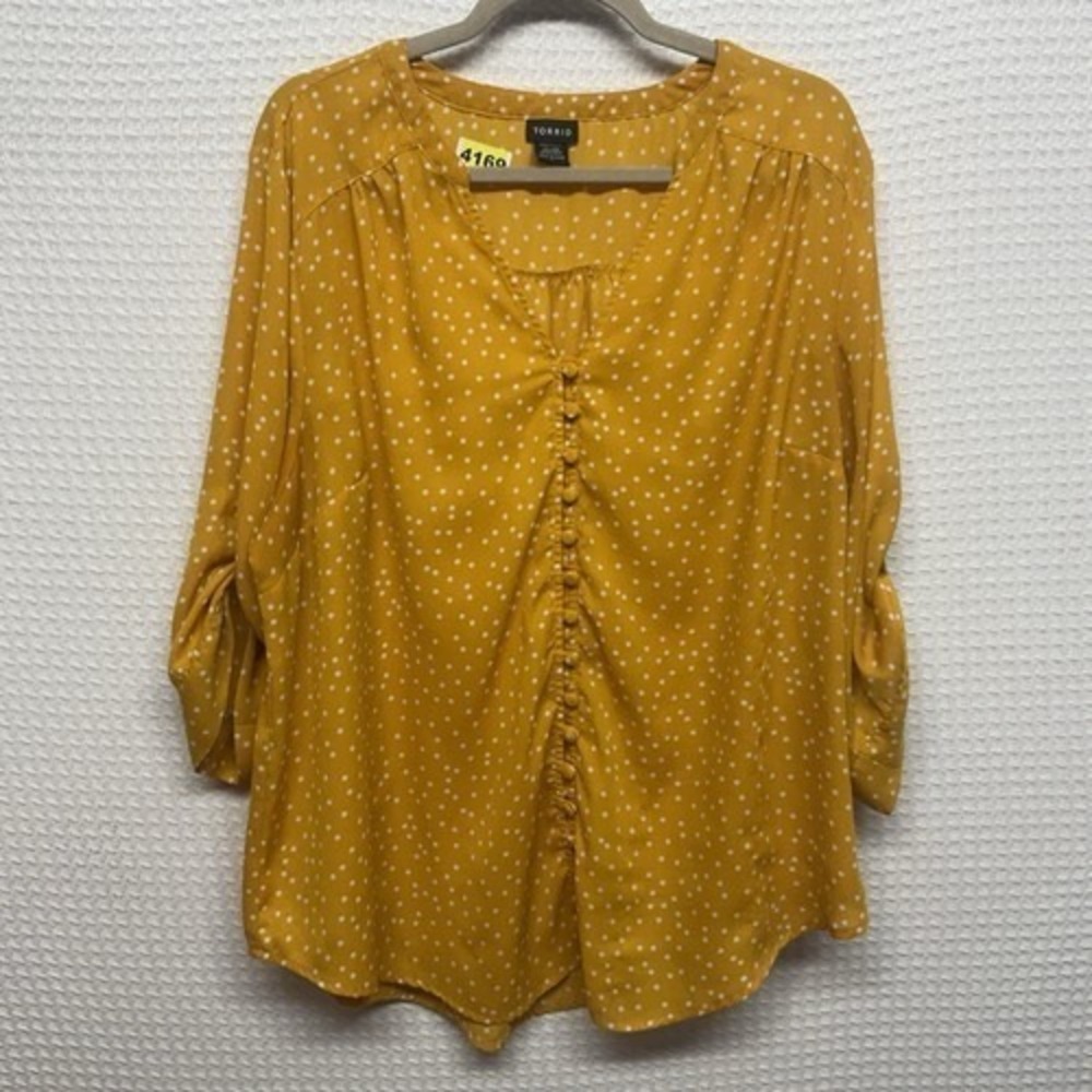 Torrid Mustard Yellow White Polka Dot Button Up Rolled Sleeve Blouse Top Women 3